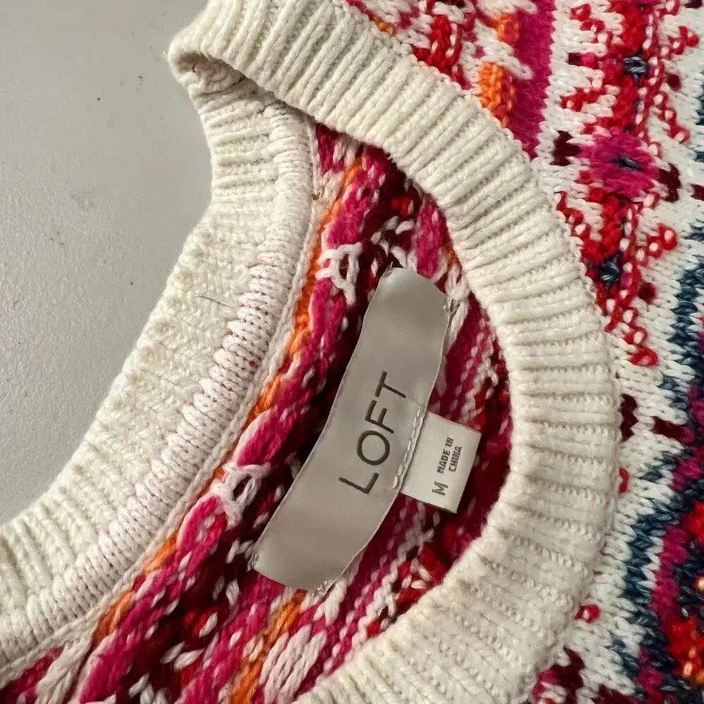 LOFT Pink Cotton Wool Woven Chunky Knit Pullover Crewneck Sweater Size Medium